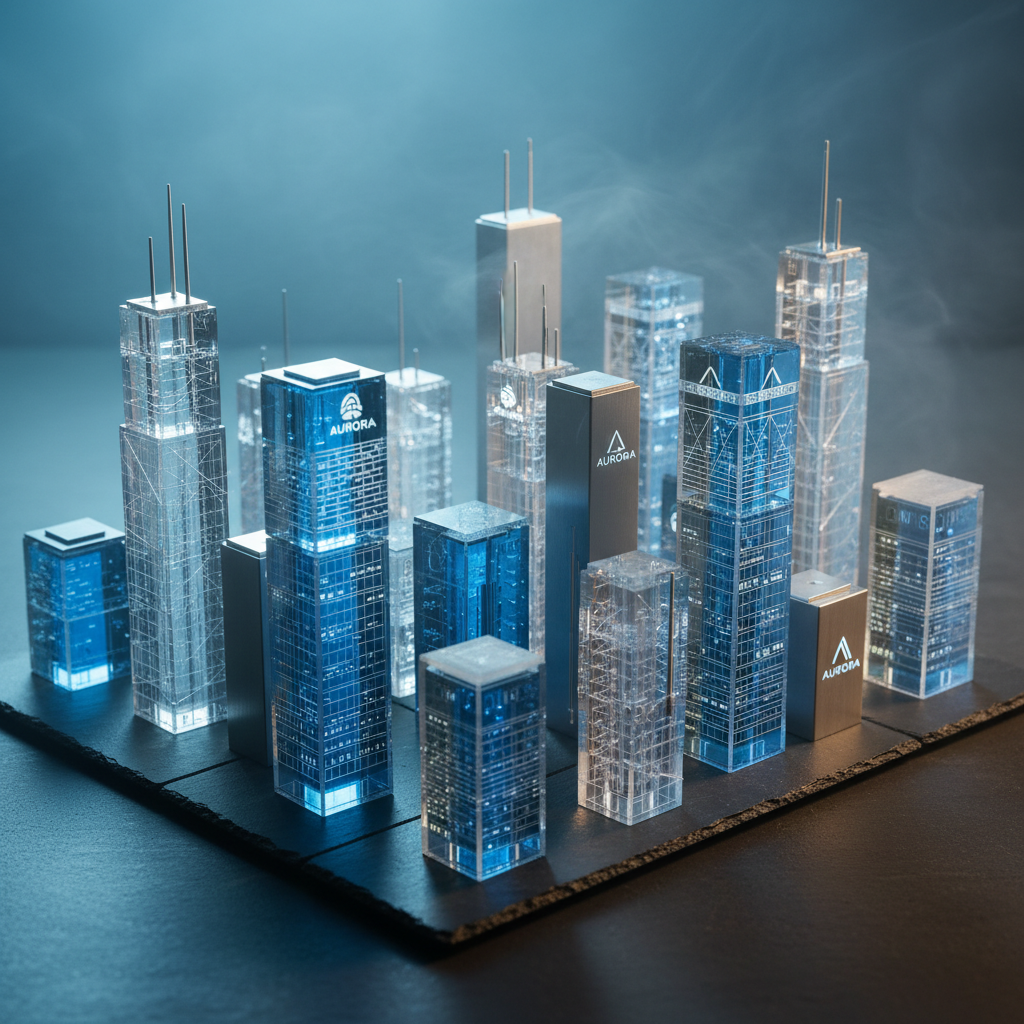 An elegant miniature cityscape built from translucent acrylic blocks and brushed aluminum towers, each structure etched with fine, architectural details, arranged on a matte slate platform. Discreet commercial branding appears as glowing, minimalist logos on several buildings. Overhead, a soft, cool spotlight simulates moonlight, while a warm sidelight mimics street-level illumination, casting intricate, overlapping shadows that suggest urban motion. A faint haze adds depth, making distant towers slightly softer. The mood is visionary and contemplative, evoking the idea of brands shaping the future of cities. Shot from a slightly elevated, three-quarter angle, the foreground skyscrapers are razor sharp, with background elements gently falling into bokeh, in a clean, cinematic, photographic realism style.