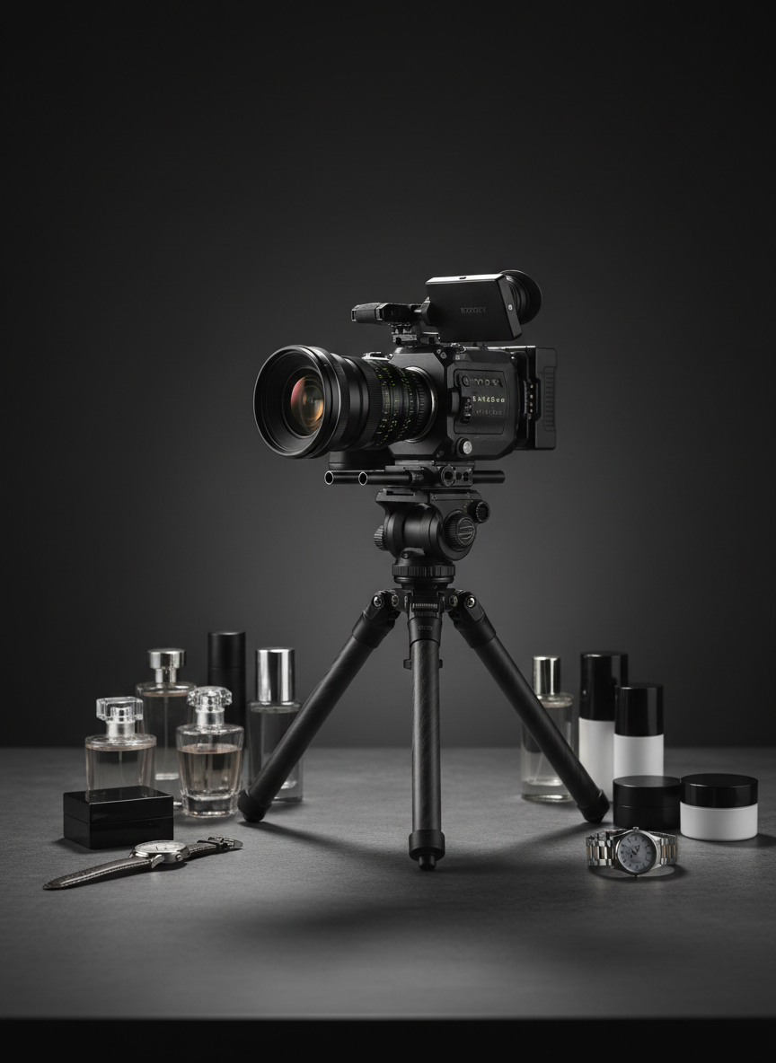 A meticulously arranged high-end cinema camera rig, all-black metal body with subtle silver accents and matte-finish lenses, mounted on a sleek carbon-fiber tripod. Around it, an array of polished commercial product props—glass perfume bottles, brushed steel watches, and glossy cosmetic containers—are staged on a charcoal concrete tabletop. Soft, directional studio lighting from the left carves sharp highlights along the lens barrel and product edges, casting crisp, controlled shadows. The background falls into a smooth, dark gradient, creating a cinematic, museum-like atmosphere. Shot at eye level with a shallow depth of field, the lens markings are tack sharp while the props blur gently, emphasizing precision and sophistication in a photographic realism style.