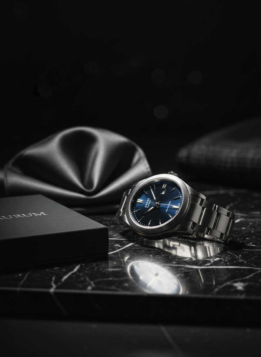 A precision-styled commercial tabletop scene of a luxury wristwatch, its brushed stainless-steel case and deep midnight-blue dial rendered with micro-level clarity, resting on a slab of honed black marble veined with subtle white streaks. Next to it sits a meticulously folded charcoal-grey silk pocket square and a slim, matte-black presentation box with embossed silver lettering. A narrow shaft of controlled studio light from the right creates a bright highlight across the watch crystal and polished edges, while the rest of the frame remains in velvety shadow. The scene feels timeless and aspirational. Composed with the watch slightly off-center following the rule of thirds, captured at a low, intimate angle with shallow depth of field, producing soft, sophisticated bokeh in a photographic realism aesthetic.