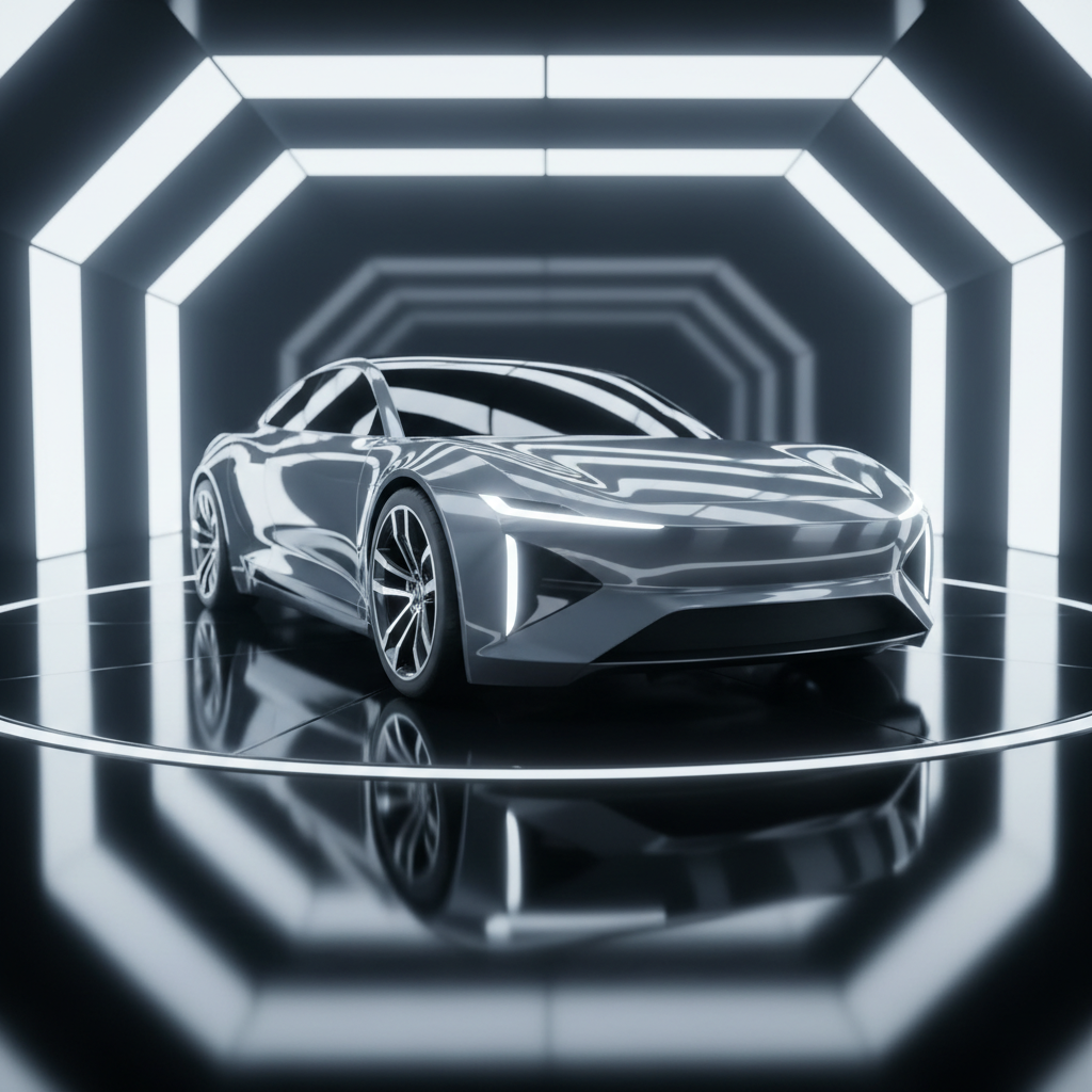 A futuristic commercial set featuring a single, sculptural electric car model in metallic graphite paint, its surface impeccably smooth and reflective, positioned on a glossy black turntable stage. Surrounding it, geometric light panels in cool white form a precise tunnel, their reflections wrapping around the car’s contours. Razor-sharp studio spotlights create luminous highlights along the edges and subtle gradients across each curve, while the floor mirrors the design with controlled reflections. The ambience feels visionary and calculated, hinting at technology shaping tomorrow. Filmed from a low-angle cinematic perspective with a moderate depth of field, the car dominates the frame while the light tunnel softly recedes, reinforcing a sophisticated, high-production-value photographic realism style.