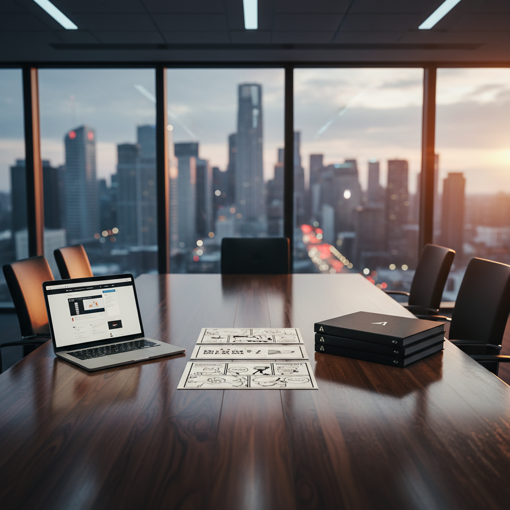 A meticulously lit boardroom table crafted from dark walnut, its surface flawless and reflective, holding a precisely arranged set of commercial storyboards, a high-polish aluminum laptop, and a stack of matte-black presentation folders embossed with a subtle silver logo. In the background, towering floor-to-ceiling windows reveal a softly blurred city skyline at dusk. Golden-hour light blends with cool recessed ceiling lights, creating a balanced, cinematic contrast of warm and cool tones. The atmosphere is poised and strategic, suggesting high-stakes brand planning. Captured from a slightly elevated angle with a wide frame and sharp focus throughout, the composition uses strong leading lines of the table edges to draw the eye forward, embodying a clean, modern, photographic realism aesthetic.